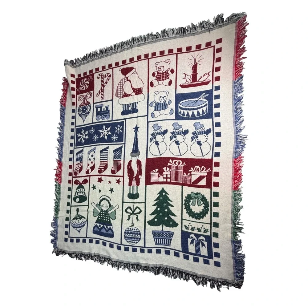 Vintage Coming Home Woven Christmas Throw Blanket Cotton USA Santa Fringe 53x60